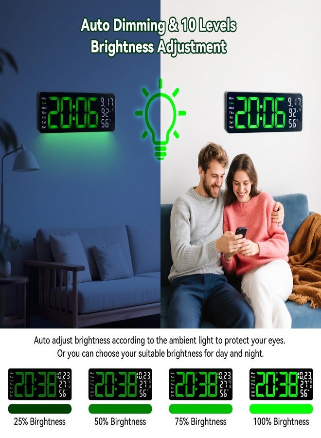 JUN-ELECTRON ساعة حائط رقمية بشاشة كبيرة، ساعة رقمية 17.3 بوصة مع جهاز تحكم عن بعد بألوان RGB، ساعة حائط كبيرة ذاتية التعتيم مع إضاءة ليلية، توقيت صيفي تلقائي، عرض التاريخ واليوم ودرجة الحرارة، مناسبة لتزيين المنزل، ومناسبة لكبار السن (أخضر) - Image 4